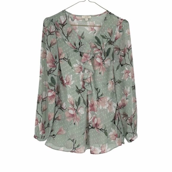 Laura Pastel green pink textured sheer  floral top - Picture 1 of 12